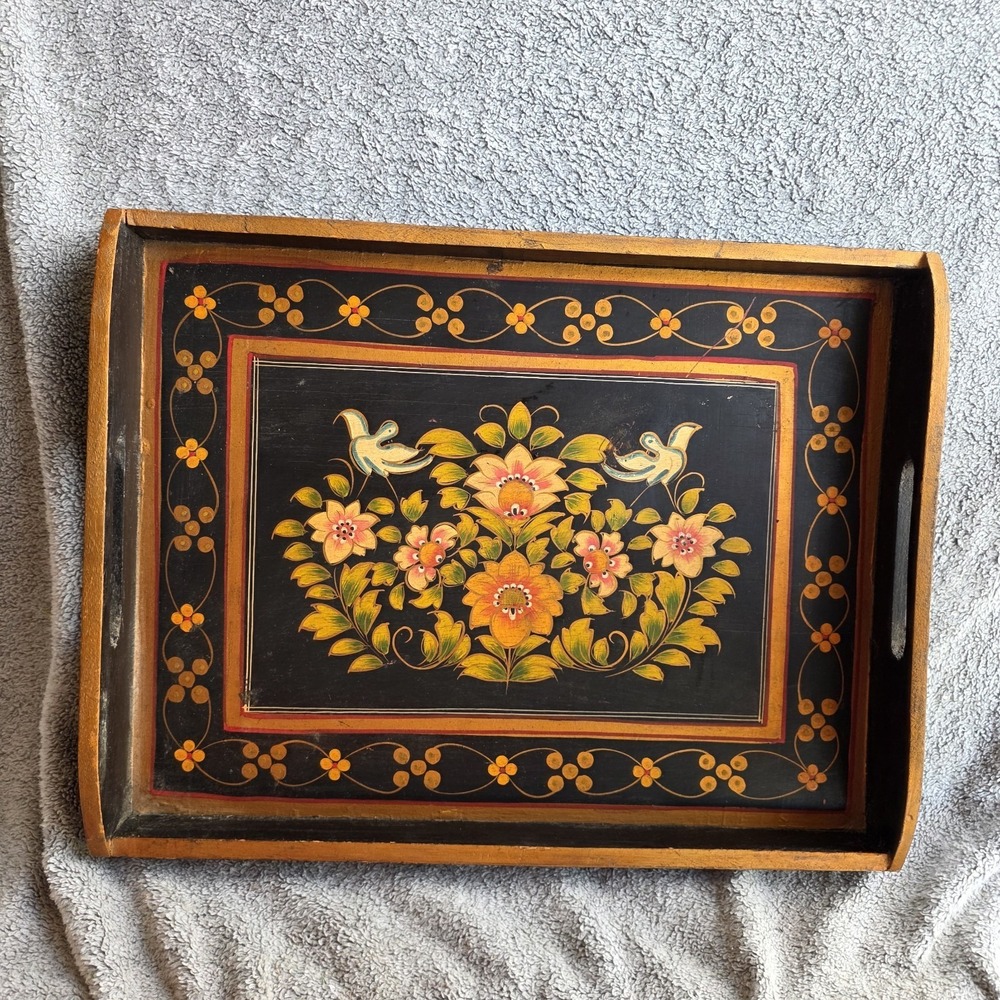 Vintage Hand Painted Wood Tray Folk Art Floral Birds